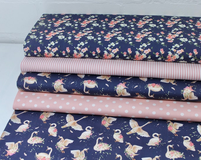 Cotton Blue Patchwork Meterware Marine Swan