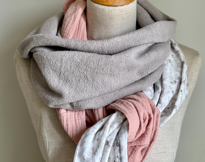 Scarf Winter Autumn Fleece Stole Muslin Cloth XXL Wrap Scarf Loop Scarf Taupe Beige Pink Pastel Dusty Pink Grey Cotton Warm Cozy