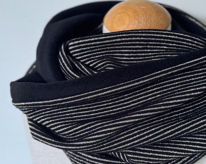 Loop tube scarf loop scarf jersey scarf reversible scarf fleece black gold glitter stripes winter cotton