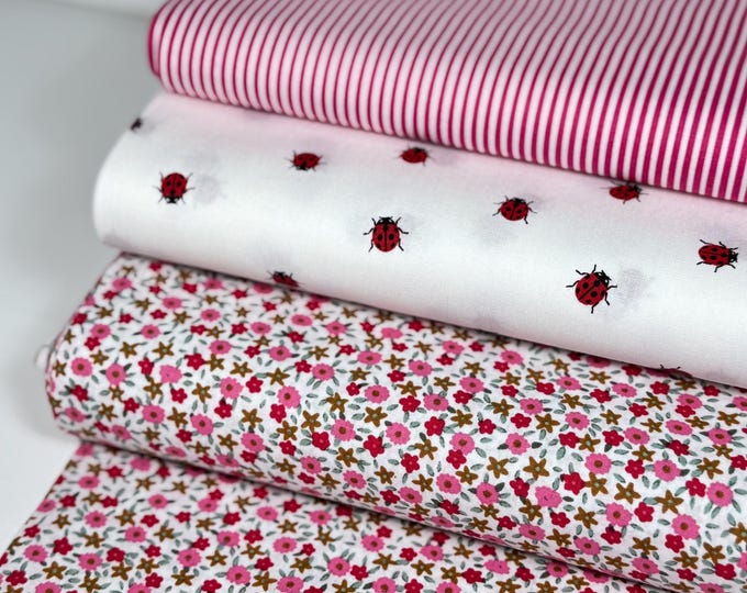 Cotton Fabric Patchwork Meterware Pink Fuchsia Pink Ladybug Red Stripes Striped Pillow Curtain Dress Sewing