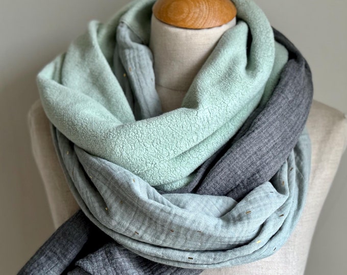 Scarf Winter Autumn Fleece Stole Muslin Cloth XXL Wrap Scarf Loop Scarf Mint Dusty Green Reed Gold Sage Grey Cotton Warm Cozy