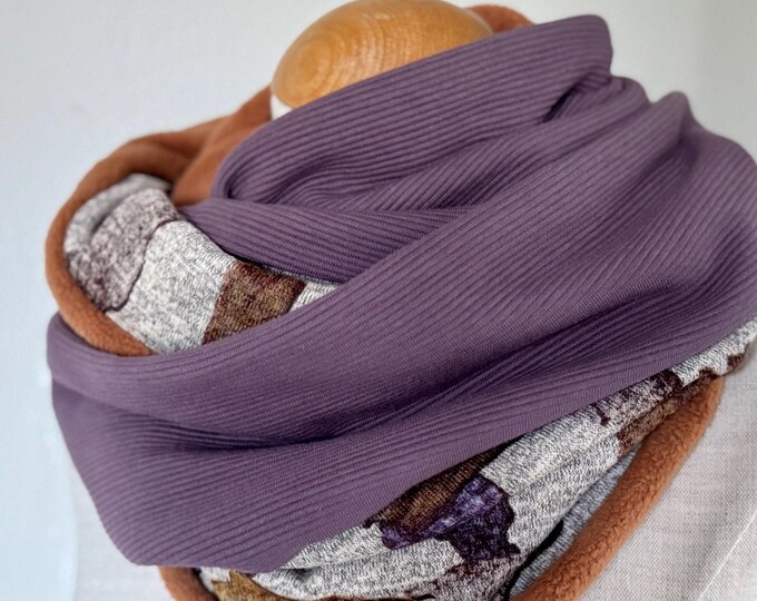 Loop cotton fleece tube scarf loop scarf orange brown knit jersey cognac aubergine purple reversible scarf cotton scarf cotton