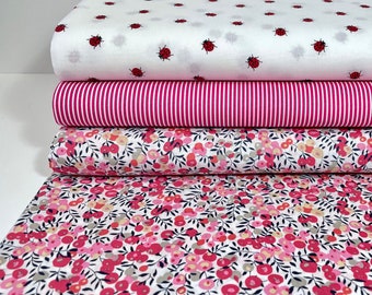 Baumwolle Stoff Patchwork Meterware Pink Fuchsia Rosa Marienkäfer Rot Streifen gestreift Kissen Vorhang Kleid nähen