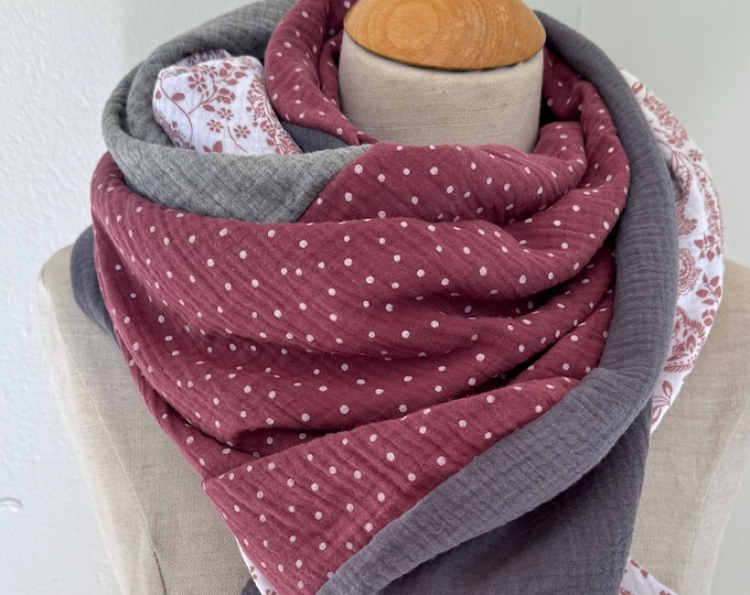 Sommertuch Musselin  XXL Wickelschal Dreieck Loopschal Mauve Rosa Rot Staubrosa  Punkte Baumwolle Schal Stola Tuch Geschenk Muttertag