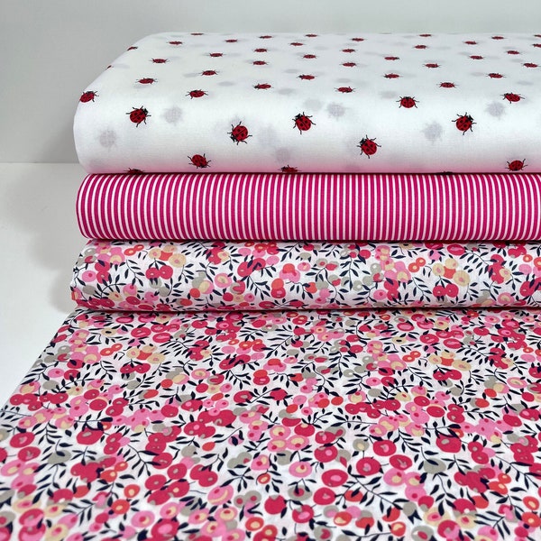 Baumwolle Stoff Patchwork Meterware Pink Fuchsia Rosa Marienkäfer Rot Streifen gestreift Kissen Vorhang Kleid nähen