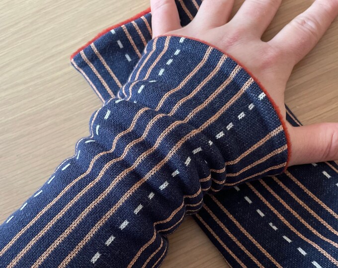 Armwarmers Cuffs Accessories Wristwarmers Muffs Cuffs Arm warmers Wrist Blue Stripes Copper Glitter Winter Knit