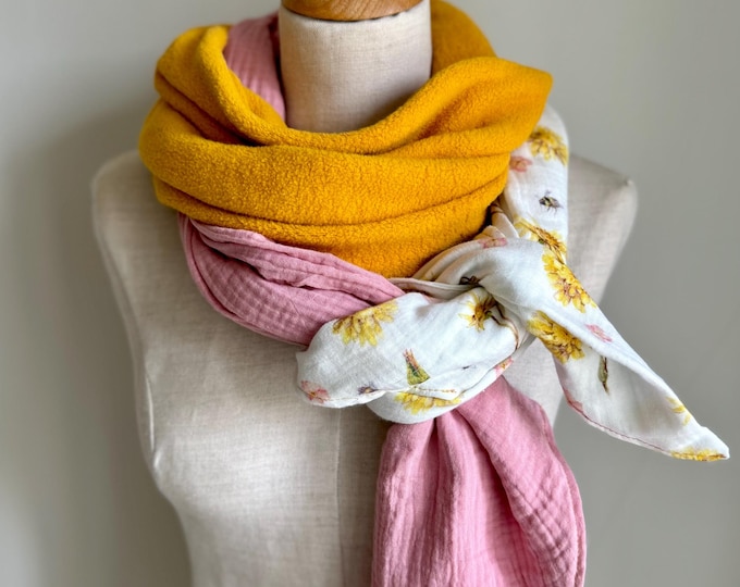 Scarf Winter Autumn Fleece Stole Muslin Cloth XXL Wrap Scarf Loop Scarf Yellow Flowers Pink Pastel Dusty Pink White Cotton Warm Cozy