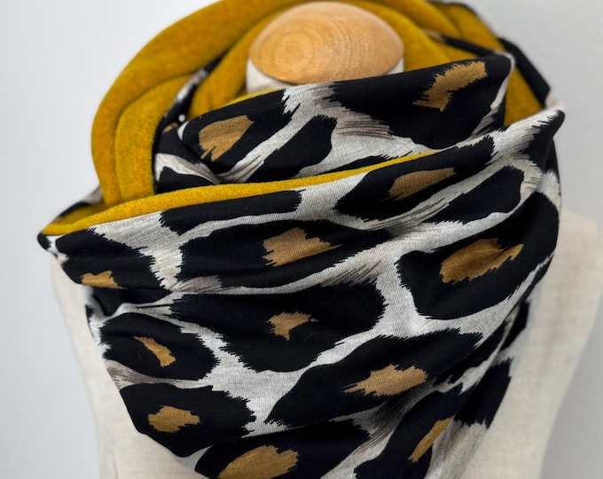 Loop Loop Scarf Scarf Tube Scarf Jersey Reversible Scarf Leoprint Animal Curry Yellow Brown Grey Winter Scarf Gift Ladies Fleece