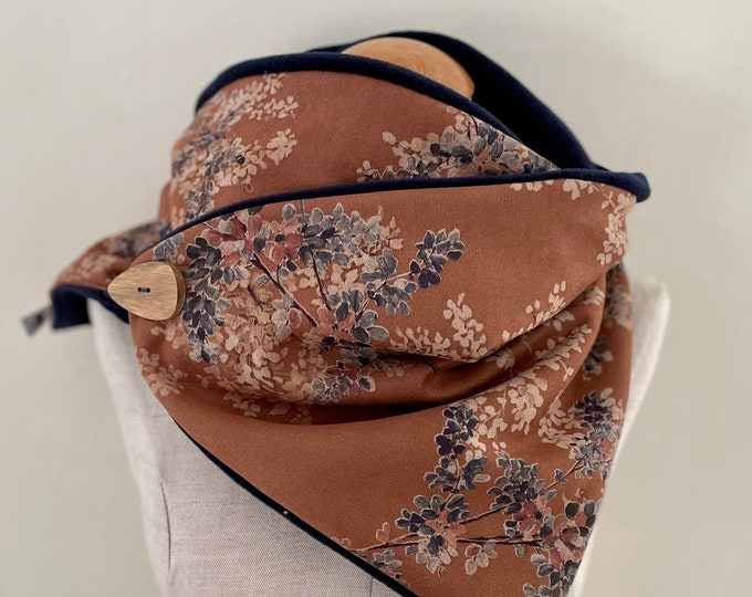Wrap Scarf Triangle Scarf Shawl Button Scarf Fleece Scarf Winter Scarf Cognac Rust Orange Brown Flowers Romantic