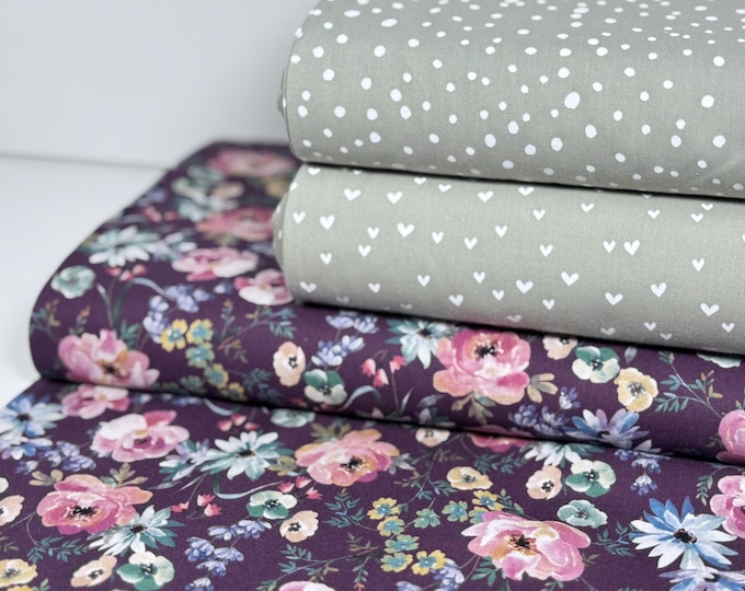Cotton fabric green khaki pastel cotton fabric stripes hearts flowers aubergine pink fabric package patchwork old green leaves romantic