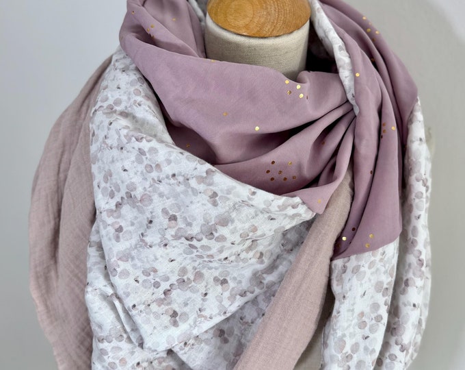 Muslin cloth XXL wrap scarf triangle loop scarf beige pink mauve dust pastel tone cotton scarf stole summer scarf triangular scarf