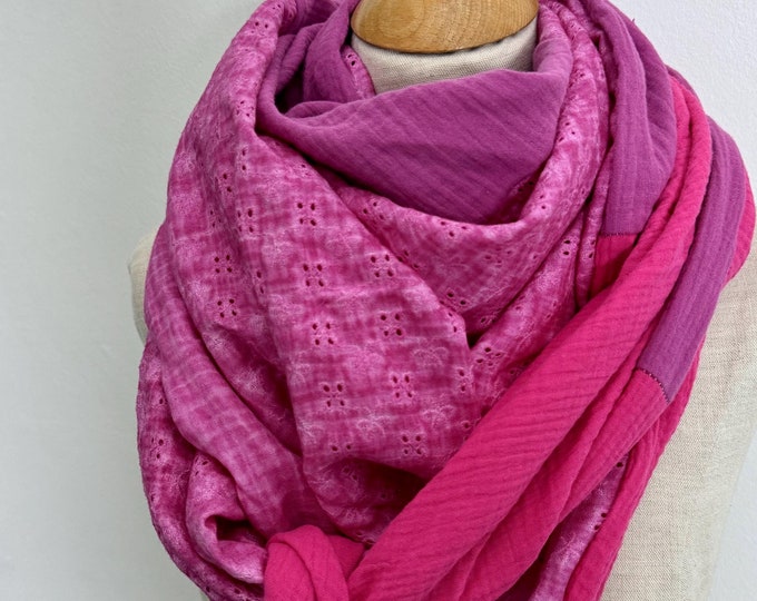 Muslin scarf XXL wrap scarf triangle loop scarf pink fuchsia pink berry pastel tone cotton scarf stole summer scarf triangular scarf