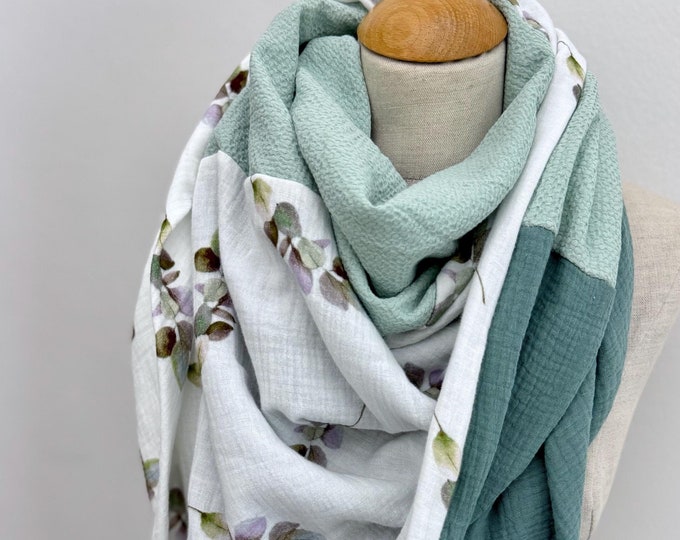 Triangular scarf XXL wrap scarf loop scarf muslin scarf scarf neckerchief stole summer scarf gauze mint reed sage green leaves eucalyptus