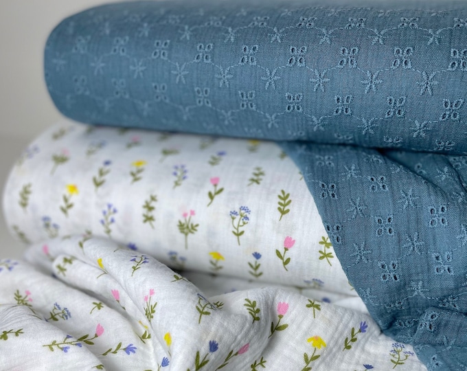 Muslin Double Gauze Cotton Fabric Summer Embroidery Gauze Blue-Gray Flowers Dress Blouse Pants Sewing