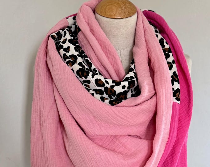 Muslin Triangle Scarf Shawl Pink Leopard Handmade