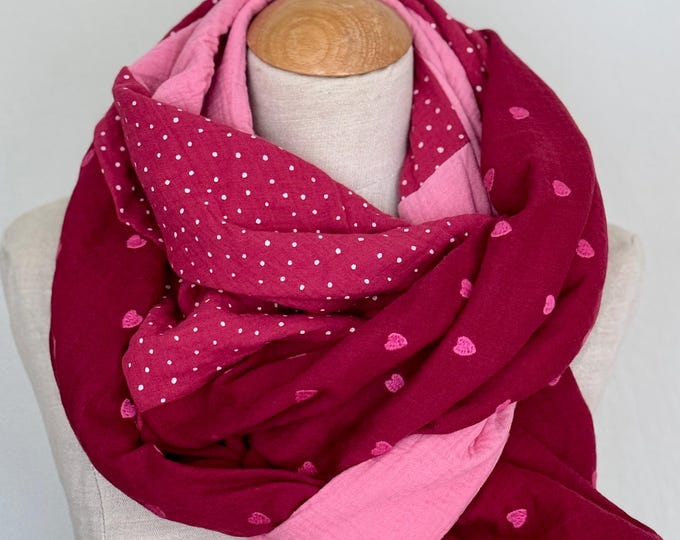 Muslin scarf XXL wrap scarf triangle loop scarf polka dots pink fuchsia berry cotton scarf stole summer scarf triangle scarf