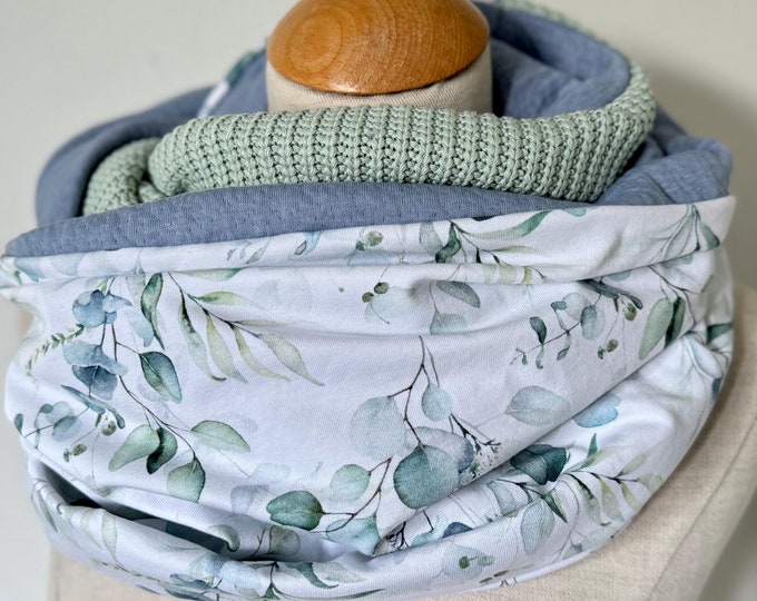 Cotton Loop Loop Scarf Scarf Tube Scarf Reversible Scarf Cotton Green Khaki Reed Knit Warm Watercolor Leaves Eucalyptus