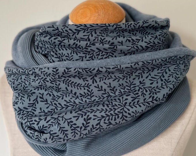 Loop Loop Scarf Scarf Tube Scarf Reversible Scarf Cotton Blue Blue-Gray Jersey Leaves