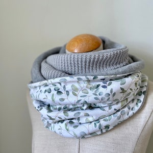 Loop loop scarf tube scarf reversible scarf cotton green khaki reed knit warm watercolor leaves eucalyptus