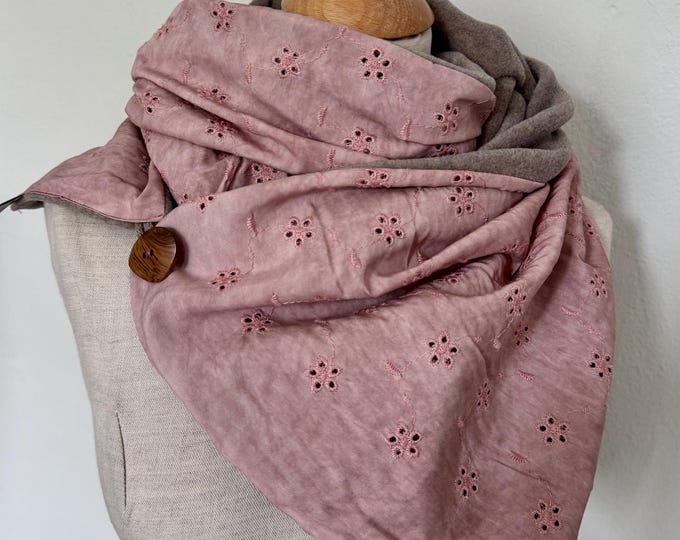 Wrap scarf, triangle scarf, button scarf, pink, dusty rose, embroidery, cotton, floral, fleece, loop, stole, winter scarf