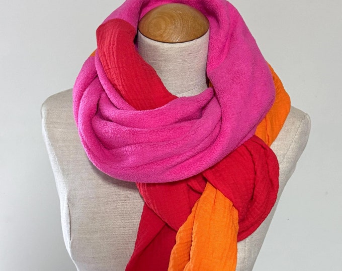 Scarf Winter Autumn Fleece Stole Muslin Cloth XXL Wrap Scarf Loop Scarf Pink Fuchsia Orange Pink Cotton Neon Warm Cozy