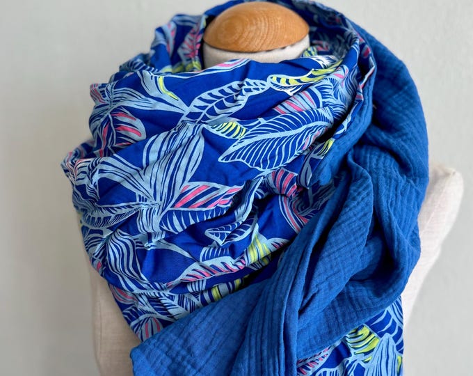XXL Triangle Scarf Wrap Scarf Muslin Viscose Loop Scarf Blue Royal Blue Leaves Navy Pink Cotton Scarf Shawl Stole Summer Scarf Triangle Scarf