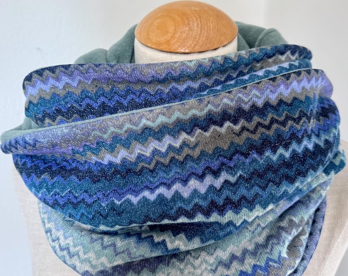 Loop Loop Scarf Scarf Tube Scarf Reversible Scarf ZigZag Chevron Blue Petrol Turquoise Green Knit Fleece Winter Warm Chevron