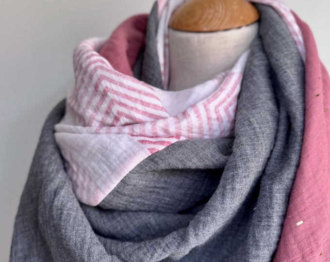 Muslin triangle scarf XXL wrap scarf loop scarf mauve pink gold duster pink pastel grey cotton scarf stole summer scarf