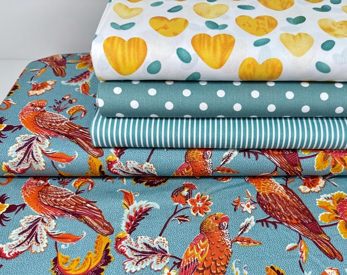 Cotton Fabric Patchwork Hearts Yellow Green Reed Green Summer Birds Parrot Jungle Orange Dots Stripes