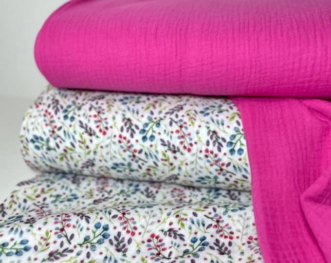 Muslin Double Gauze Cotton Fabric Summer Flowers Pink Fuchsia