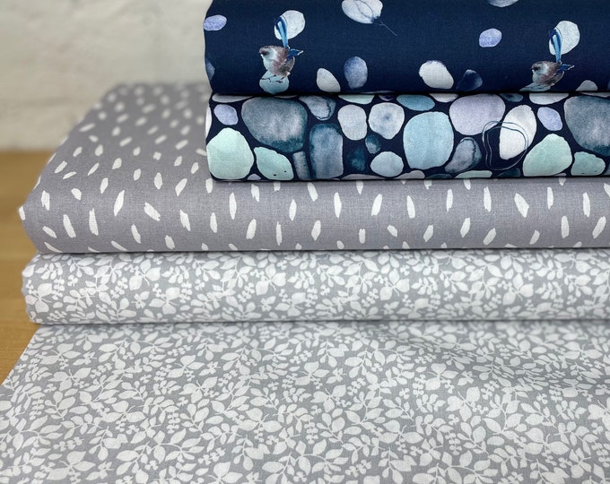 Cotton fabric patchwork by the meter fabric package blue birds stones lines dots tendrils subtle