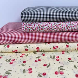 Cotton Fabric Patchwork Cherries Summer Vichy Check Checked Country House Flowers Graphic Fabric Package
