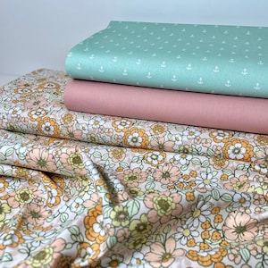 Cotton Poplin Cotton Fabric by the Meter Flowers Retro Orange Salmon Pink Anchor Mint Dress Skirt Girls Cushion image 1