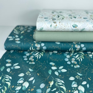 Tessuto di cotone Patchwork Teal Green Reed Leaves Eucalyptus Stampa digitale ad acquerello