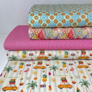 Tela de algodón patchwork vendido por metro palmeras verano flamenco rosa rayas fucsia rayas marinas