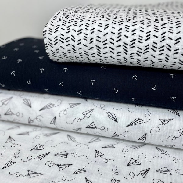 Tissu mousseline double gaze coton mousseline robe d'été couture tissu enfant lignes zigzag ancre graphique maritime discrète