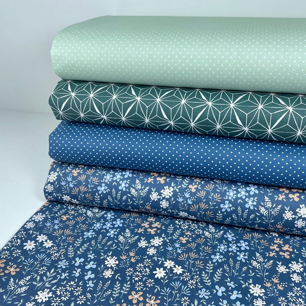 Nappe en coton enduit toile cirée tissu coton enduit vendu au mètre fleurs pois graphique étoiles vert bleu menthe