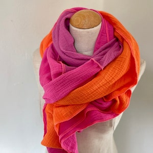 Muslin scarf XXL wrap scarf triangle loop scarf pink fuchsia neon orange rust pink cotton scarf stole summer scarf triangular scarf