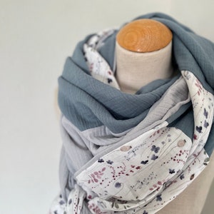 Muslin cloth XXL wrap scarf triangle loop scarf beige blue blue gray dust pastel tone cotton scarf stole summer cloth triangular scarf image 1