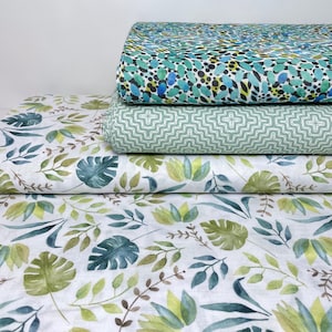 Cotton Organic GOTS Fabric Patchwork Meterware Colorful Graphic Green Reed Sage Turquoise Leaves Jungle Monstera Watercolor Fabric Package