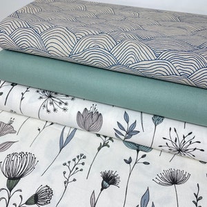Dekostoff Canvas Taschenstoff Baumwolle Meterware Blau Marine Maritim Blumen Muscheln Wellen Blätter Grün Pastell