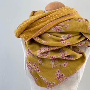 Muslin cloth XXL wrap scarf loop scarf pink cherry blossoms yellow curry dots scarf stole summer scarf triangular scarf