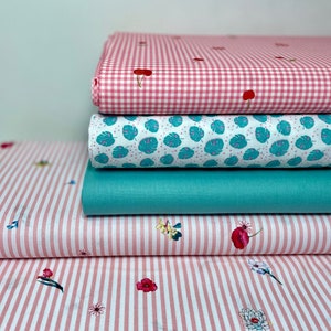 Cotton Fabric Patchwork Meterware Poplin Red Pink Check Flowers Cherries Digital Print Stripes