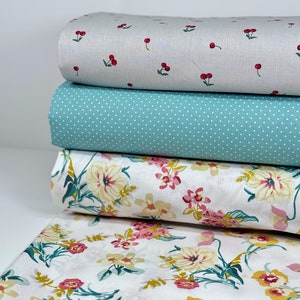 Coated Cotton Oilcloth Acrylic Pocket Fabric Tablecloth Garden Water-Repellent Tablecloth Green Reed Vintage Flowers Cherries Dots