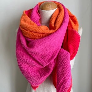 Muslin cloth XXL wrap scarf triangle loop scarf pink fuchsia orange rust pink cotton scarf stole summer scarf triangular scarf image 1