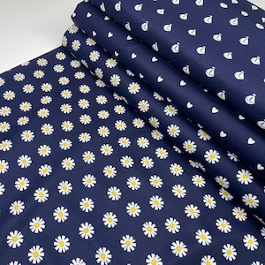 Cotton Blue Marine Fabric Patchwork Meterware Hearts Stripes Boat Sailboat Flowers Daisy