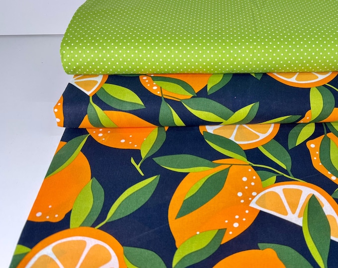 Coated Cotton Oilcloth Coated Cotton Fabric Tablecloth Lemon Orange Dots Green Kiwi Summer Garden