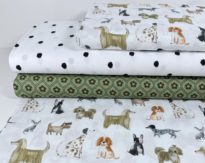 Cotton Fabric Patchwork Dogs Dalmatian Boxer Dachshund Brown Fabric Package Dots Beige Black Flowers