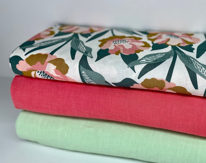 Linen Fabric Stonewashed Dress Pants Bedding Curtain Napkins Pillow Sewing Green Pastel Coral Dusty Green Mint Flowers