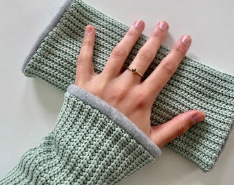 Arm warmers, wrist warmers, muffs, knitted green reed mint fleece winter lined